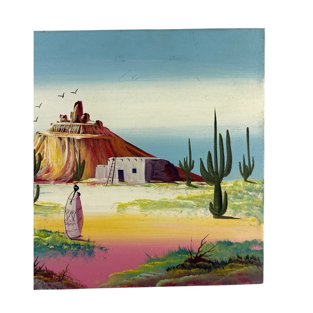 Vintage Estrada Original Painting Southwest Desert Cactus Native Adobe 16x12 - Picture 3 of 7